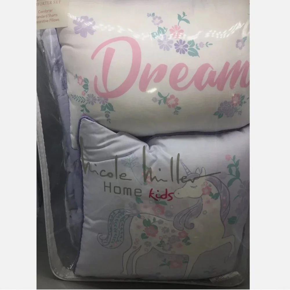 5pc Nicole Miller Unicorn FULL QUEEN Comforter Sham 2 Pillows Set Floral Purple